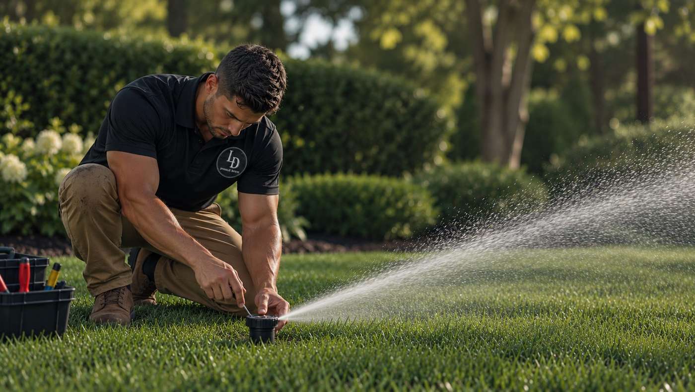 LD Sprinkler Systems technician in a black work shirt adjusting a pop-up sprinkler head on a green lawn