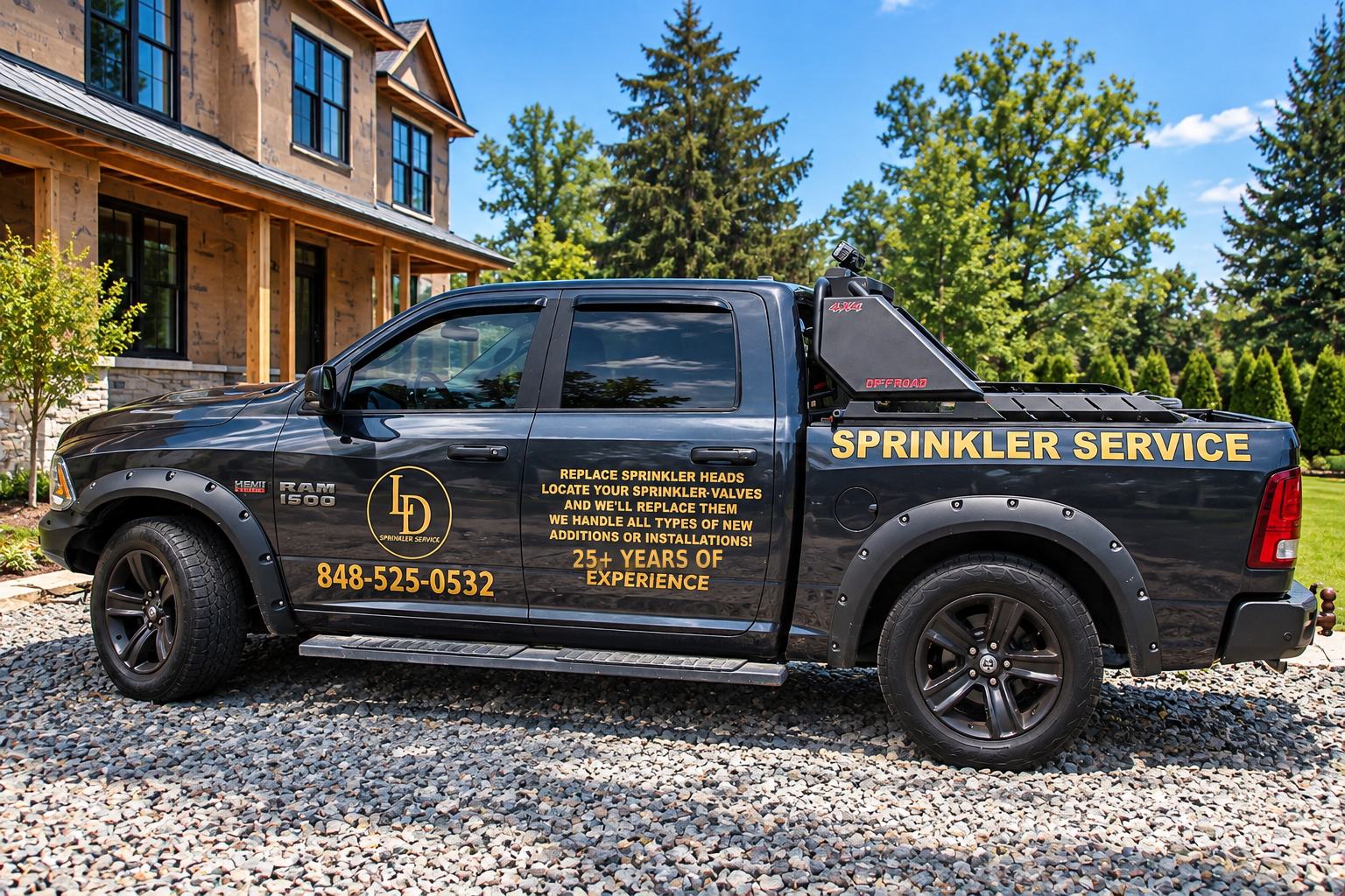 LD Sprinkler Systems service truck parked in a driveway